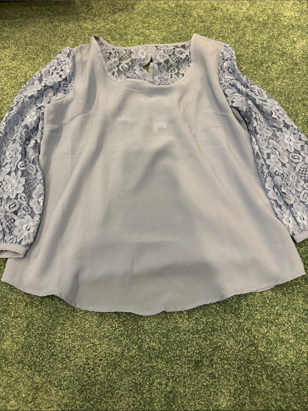 Mine Blue Scoop Neck Blouse Lace Sleeves Lace Back Bows Size Small